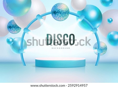 Disco party showcase background with 3d podium, disco ball spheres and holographic blue spheres. Vector illustration