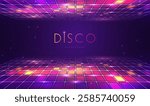 Disco party showcase background with neon rainbow dance floor and ceiling. Disco ball background. Vector illustration