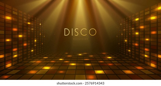 Disco party showcase background with neon dance floor and spot light beams. Disco ball golden background. Vector illustration