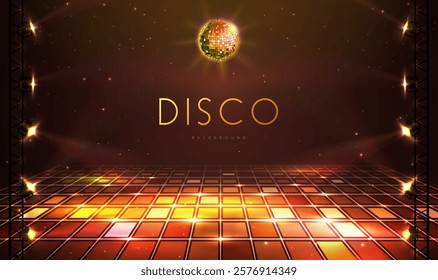 Disco party showcase background with neon dance floor, disco ball and spot light beams. Disco ball golden background. Vector illustration