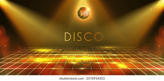 Disco party showcase background with neon dance floor, disco ball and spot light beams. Disco ball golden background. Vector illustration