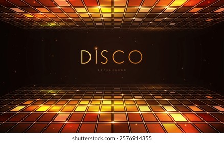 Disco party showcase background with neon dance floor and ceiling. Disco ball golden background. Vector illustration