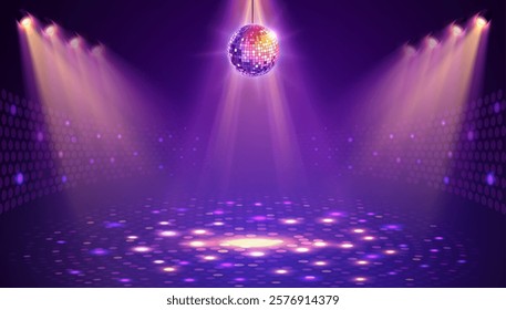 Disco party showcase background with neon dance floor, disco ball and spot light beams. Disco ball background. Vector illustration