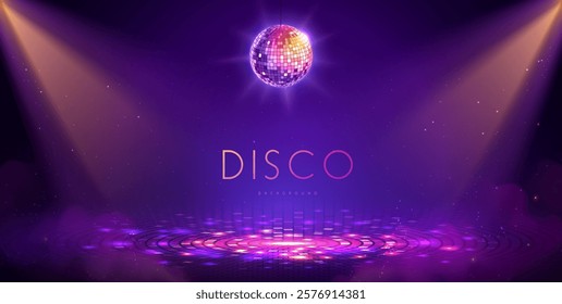 Disco party showcase background with neon dance floor, disco ball and spot light beams. Disco ball background. Vector illustration