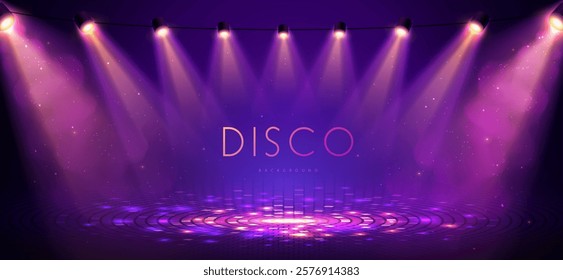 Disco party showcase background with neon dance floor, smoke and spot light beams. Disco ball background. Vector illustration