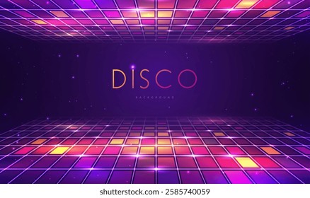 Disco party showcase background with neon rainbow dance floor and ceiling. Disco ball background. Vector illustration