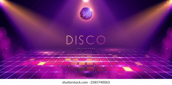 Disco party showcase background with neon dance floor, disco ball and spot light beams. Disco ball background. Vector illustration