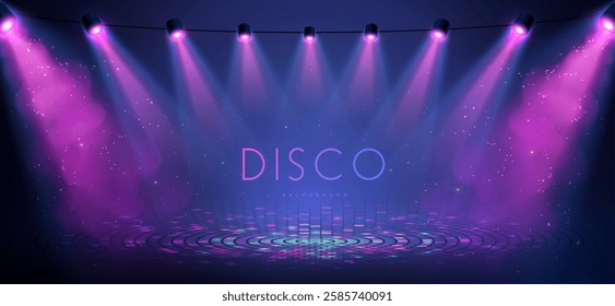 Disco party showcase background with neon dance floor, smoke and spot light beams. Disco ball background. Vector illustration