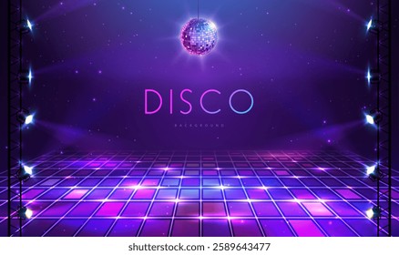 Disco party showcase background with neon dance floor, disco ball and spot light beams. Disco ball background. Vector illustration