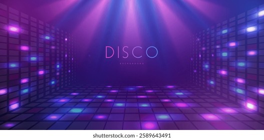 Disco party showcase background with neon rainbow dance floor and spot light beams. Disco ball background. Vector illustration