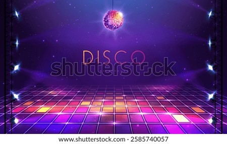 Disco party showcase background with neon dance floor, disco ball and spot light beams. Disco ball background. Vector illustration