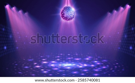 Disco party showcase background with neon dance floor, disco ball and spot light beams. Disco ball background. Vector illustration