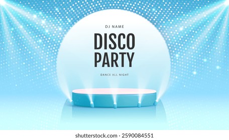 Disco party showcase blue background with 3d podium, disco ball sequin glitter texture and spot light beams. Vector illustration