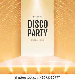 Disco party showcase gold background with 3d podium, disco ball sequin glitter texture and spot light beams. Vector illustration