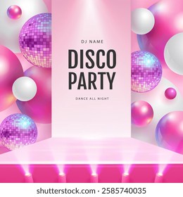Disco party showcase pink background with 3d podium, disco ball spheres and holographic pink spheres. Vector illustration