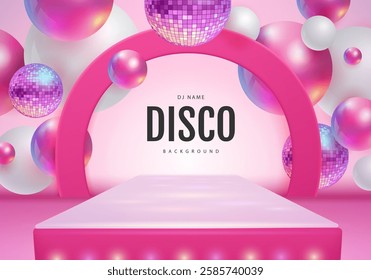 Disco party showcase pink background with 3d podium, disco ball spheres and holographic pink spheres. Vector illustration