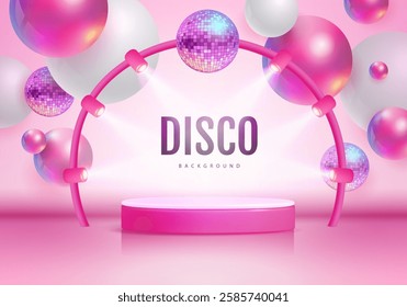 Disco party showcase pink background with 3d podium, disco ball spheres and holographic pink spheres. Vector illustration