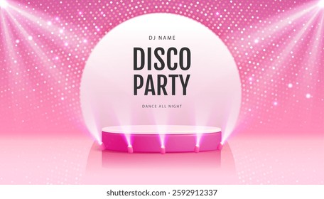 Disco party showcase pink background with 3d podium, disco ball sequin glitter texture and spot light beams. Vector illustration
