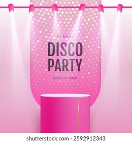 Disco party showcase pink background with 3d podium, disco ball sequin glitter texture and spot light beams. Vector illustration