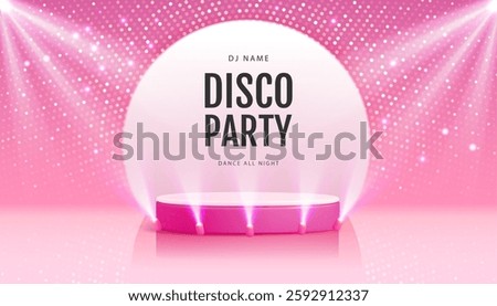 Disco party showcase pink background with 3d podium, disco ball sequin glitter texture and spot light beams. Vector illustration