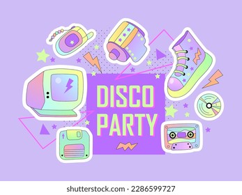 Disco Party text with retro objects for poster, flyer, advertising. 90s vibes. Space for text. Vector illustration.