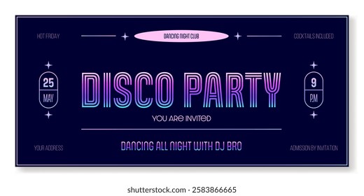 Disco party ticket template in purple neon colors. For parties, concerts, and other 90-s style projects. Vector, for web and print. Just add your text.