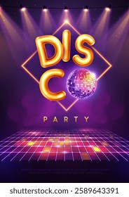 Disco party typography background with 3d golden letters, disco ball, dance floor and spot light beams. Vector illustration