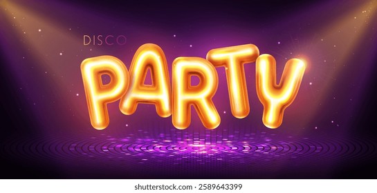 Disco party typography background with 3d golden letters, dance floor and spot light beams. Vector illustration