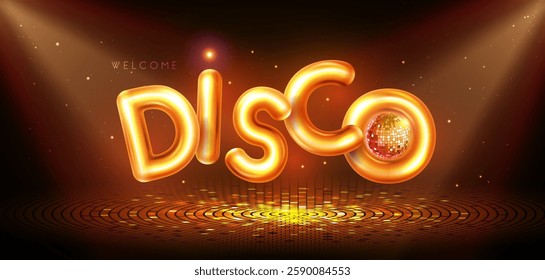 Disco party typography background with 3d golden metallic letters, dance floor and spot light beams. Vector illustration