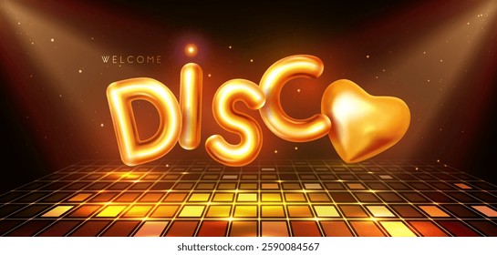 Disco party typography background with 3d golden metallic letters, dance floor and spot light beams. Vector illustration