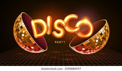 Disco party typography background with 3d golden metallic letters, disco ball and dance floor. Vector illustration
