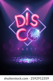 Disco party typography background with 3d pink chrome letters, disco ball, dance floor and spot light beams. Vector illustration