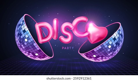 Disco party typography background with 3d pink chrome letters, disco ball, heart and dance floor. Vector illustration