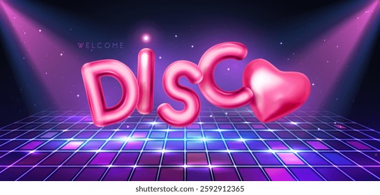 Disco party typography background with 3d pink chrome letters, dance floor and spot light beams. Vector illustration