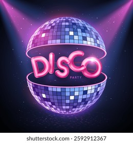 Disco party typography background with 3d pink chrome letters, disco ball, dance floor and spot light beams. Vector illustration