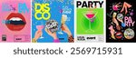 Disco party. Vector abstract retro illustration of collage, lips, disco ball, cheers, hand with cocktail and champagne, female legs for poster, background, flyer or cover
