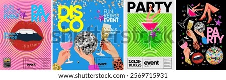 Disco party. Vector abstract retro illustration of collage, lips, disco ball, cheers, hand with cocktail and champagne, female legs for poster, background, flyer or cover