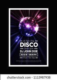 Disco party vector background with rays and disco ball