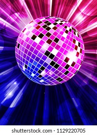 Disco party vector background with rays and disco ball