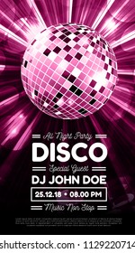 Disco party vector background with rays and disco ball