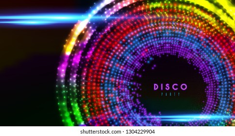 Disco party vector banner shining colored spotlights background