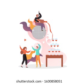 Disco party, vector illustration. Happy people pouring wine while sitting on disco ball, dancing. Nightclub party composition for web banner, website page etc.