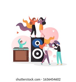 Disco party, vector illustration. Happy people dancing and drinking wine, dj mixing music. Nightclub party, nightlife composition for web banner, website page etc.