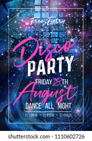 Disco party vector poster template with sparkles and glitter , glow light effect.