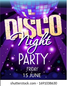 Disco party vector poster template with sparkles and glitter , glow light effect.