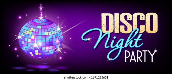 Disco party vector poster template with sparkles and glitter, glow light effect