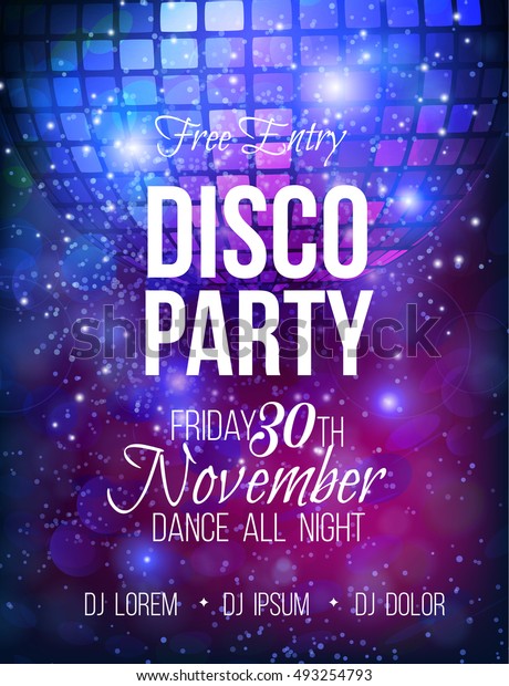 Disco party vector poster template with sparkles\
and glitter , glow light\
effect.