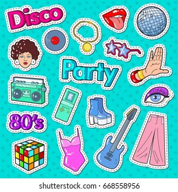 Disco Party Vintage Style Stickers, Badges and Patches with Guitar, Lips and Hands. Vector illustration