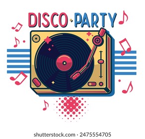 Disco party - discos de vinilo tocadiscos y notas musicales, diseño de música colorida