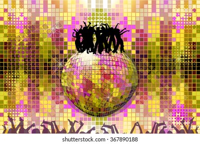 Disco people dancing and disco ball. Vector